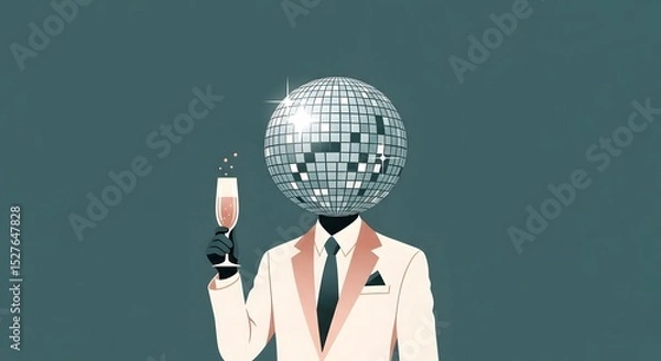 Fototapeta Disco Head Toast: A whimsical illustration featuring a stylish figure with a disco ball head, elegantly raising a champagne glass in a sophisticated toast, celebrating the fusion of art, celebration.