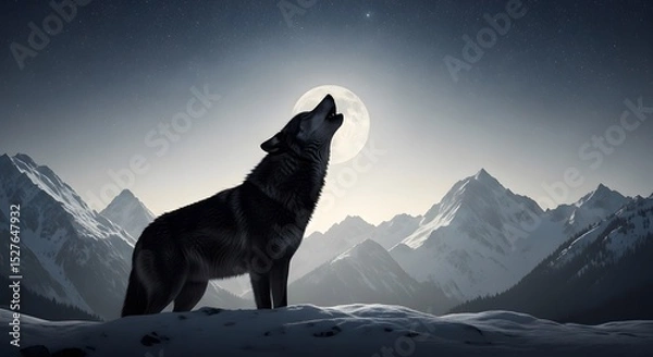 Fototapeta Wolf Howling at Moon: A lone wolf raises its head to the night sky, letting out a mournful howl under the silvery glow of the full moon, set against a backdrop of majestic snow-covered mountains.