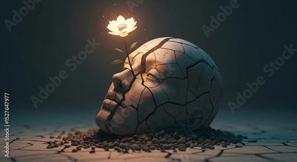 Fototapeta Rebirth of Thoughts: A human head sculpture breaks open, sprouting a radiant flower that symbolizes rebirth, new beginnings, and resilience amid adversity. 