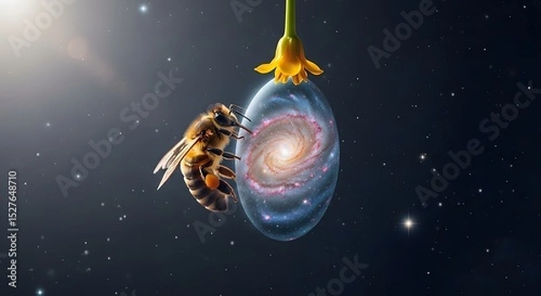 Fototapeta Cosmic Honeybee: A honeybee hovers near a cosmic sphere resembling a galaxy, delicately suspended from a yellow flower against a backdrop of distant stars.