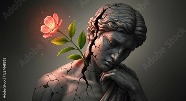 Fototapeta Rebirth of Hope: A stunning marble sculpture, cracked and weathered by time, blossoms with a single vibrant flower, symbolizing resilience and the triumph of nature over adversity.