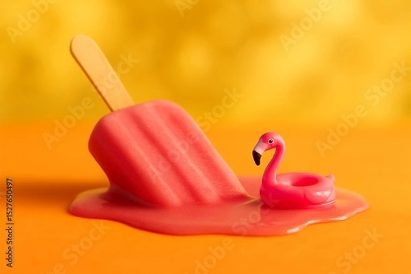 Obraz Melting Popsicle with Flamingo Float on Vibrant Summer Backdrop - Conceptual Refreshment Still Life