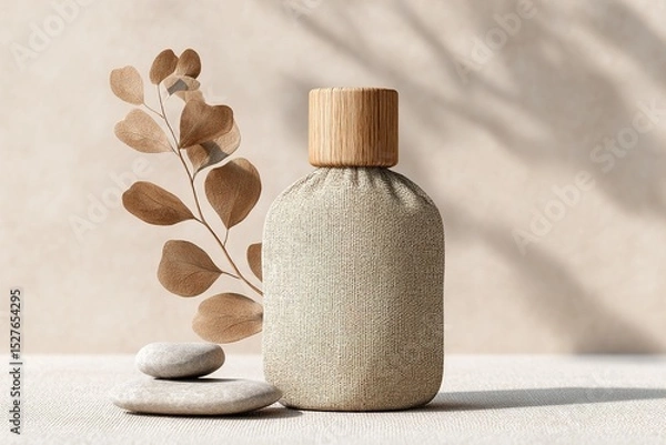 Obraz Cosmetic bottle displaying eco-friendly packaging with wooden cap and natural elements