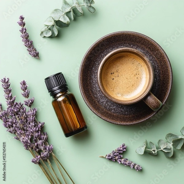 Obraz Essential oil, coffee and lavender creating relaxing atmosphere on green background