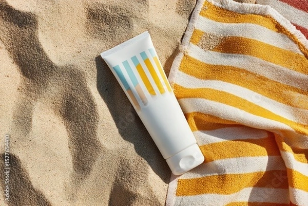 Obraz Sunscreen lotion on beach towel enjoying summer sun protection