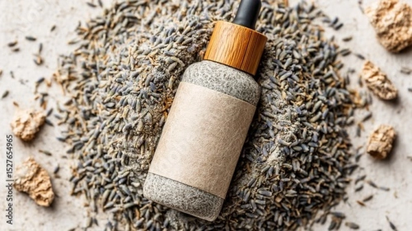Obraz Dropper bottle mockup lying on dried lavender flowers and clay