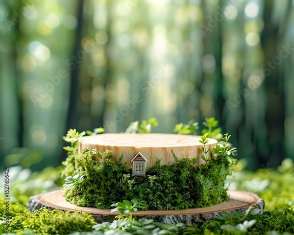 Obraz Miniature House on Mossy Wooden Log in Lush Green Forest Setting Perfect for Eco Friendly and Nature Themed Projects