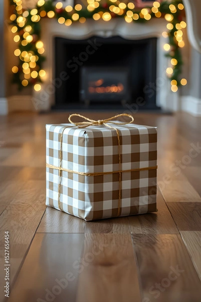 Fototapeta New Year's gift box in checkered paper on the background of the fireplace
