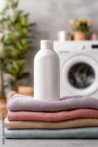 Fototapeta Laundry detergent bottle template on stack of clean towels in laundry room with washing machine in background