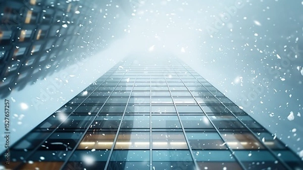Obraz Modern Glass Skyscraper in Winter Snowfall A Stunning Architectural View