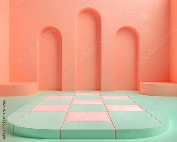 Obraz Pastel Pink and Mint Green Archway Studio Backdrop Product Display Platform