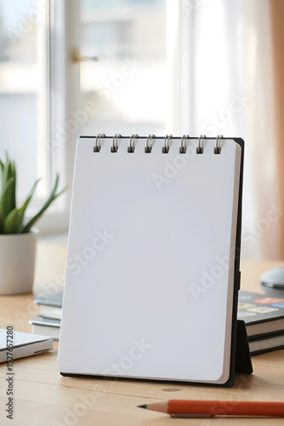 Fototapeta vertical notepad with white blank sheet on table

