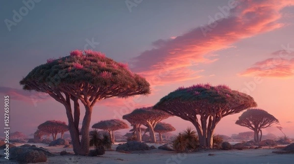 Obraz Dragon Blood Trees at Dusk in an Arid Landscape with Pink Sky