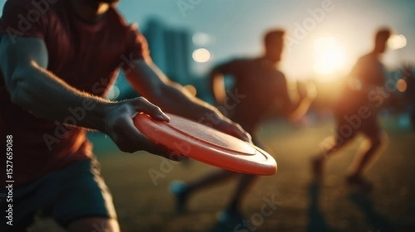 Obraz Man Holding Orange Flying Disc with People Running in Background