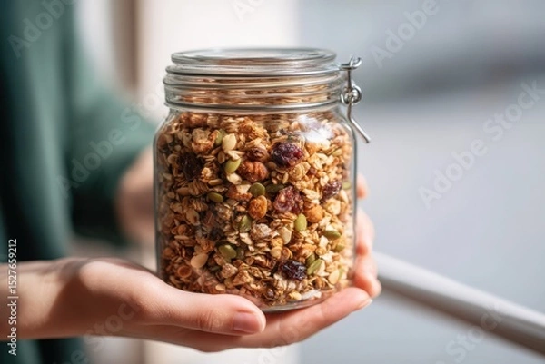 Obraz Glass Jar Filled with Homemade Granola Held in Person's Hands