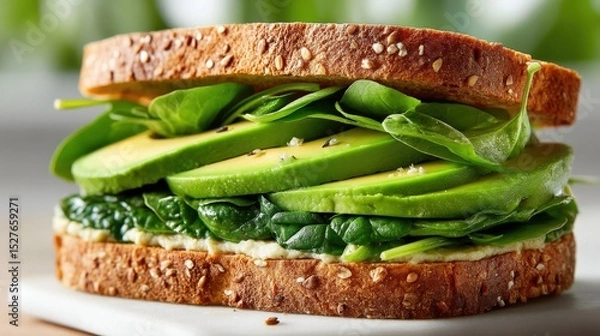 Obraz Whole grain sandwich featuring fresh avocado slices and green spinach leaves close up