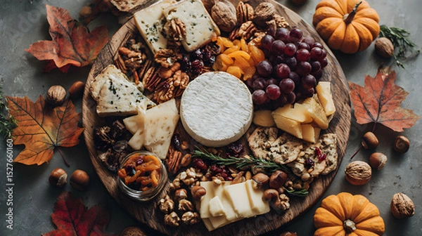 Obraz An autumnal charcuterie board showcasing a variety of cheeses nuts fruits and other seasonal delicacies