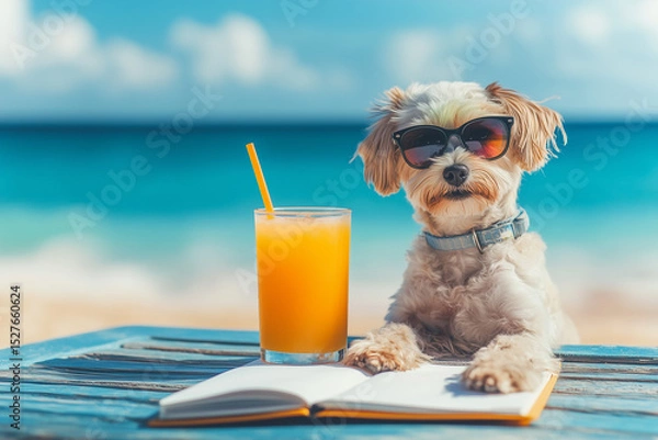 Fototapeta Colorful vacation on a sunny beach with a pet dog with sunglasses, a notebook, and a summer drink on the table on a sunny summer day