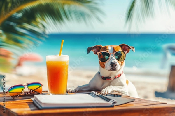 Fototapeta Colorful vacation on a sunny beach with a pet dog with sunglasses, a notebook, and a summer drink on the table on a sunny summer day