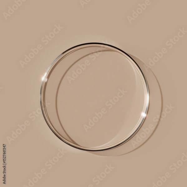 Fototapeta Empty glass petri dish, top view flat lay on a neutral beige background. 3d rendering science, laboratory, research, or cosmetic concept.