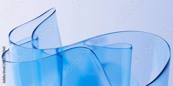 Fototapeta Elegant translucent blue glass or plastic curve sheets flowing dynamic abstract composition. Blue gradient wave design element 3d rendering for innovative futuristic concept background.