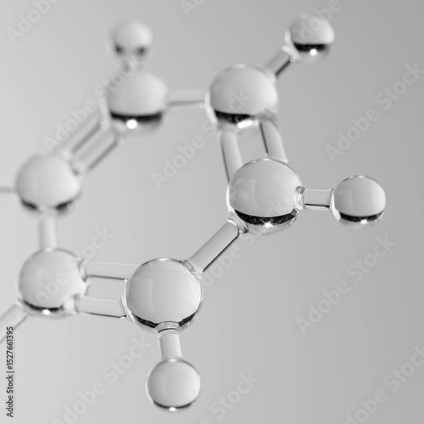 Fototapeta Elegant abstract 3D illustration of a clear glass molecule, representing essential compounds like hyaluronic acid or collagen. Scientific background for beauty, skincare cosmetics concepts.