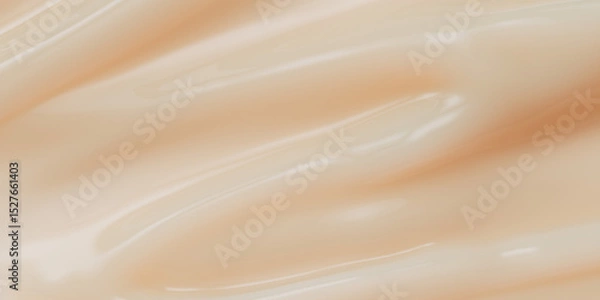 Fototapeta Glossy beige liquid cosmetic texture. Abstract 3D rendering of smooth, elegant nail polish, gel, or cream smear. Feminine beauty product background for makeup or skincare. Delicate, luxurious design.