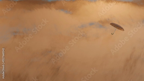 Obraz A translucent umbrella is floating in storm cloud in sunset time (3D Rendering)