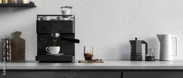 Obraz Professional espresso machine brewing a perfect shot into a cup, set against a minimalist grey backdrop. Mock up for coffee shops, barista culture, and gourmet beverage visuals.	