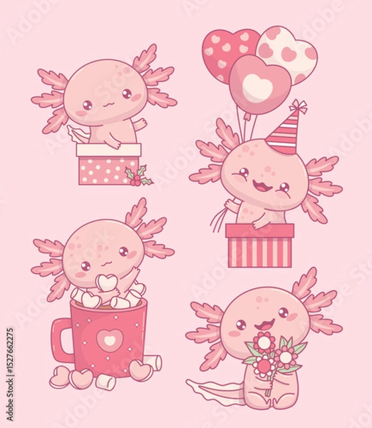 Fototapeta Pink Axolotl. Cute little kawaii character. Joyful birthday boy in gift box with balloons, bouquet flowers and in cup Hot Cocoa with Marshmallow. Isolated Vector illustration. Kids collection.
