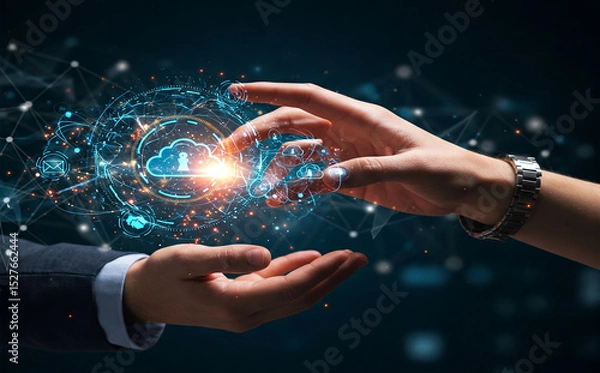Fototapeta Digital and human futuristic style handshake, Cloud storage ,Circuit background data processing technology and cloud computing concept.  Cloud technology and Integrated digital web concept.