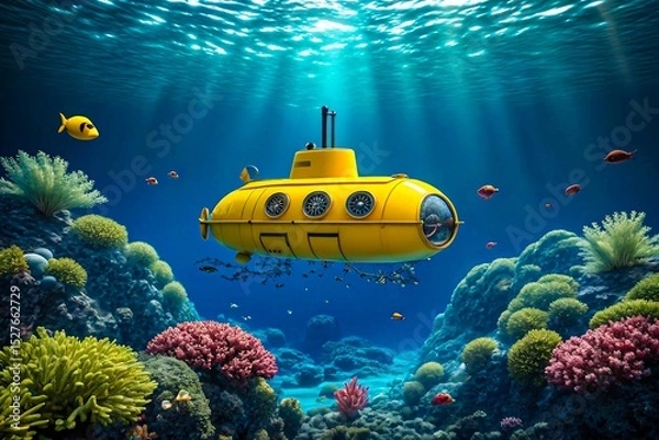 Fototapeta Yellow submarine exploring underwater coral reef with tropical fish in vibrant ocean scene
