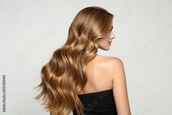 Obraz Long brown hair frames the face of a smiling woman, a beautiful brunette model with glowing skin in a studio