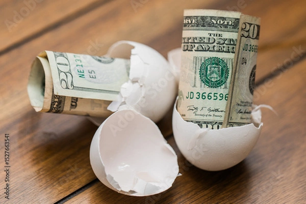 Fototapeta broken eggshells with money in it to show how expensive the eggs got this year