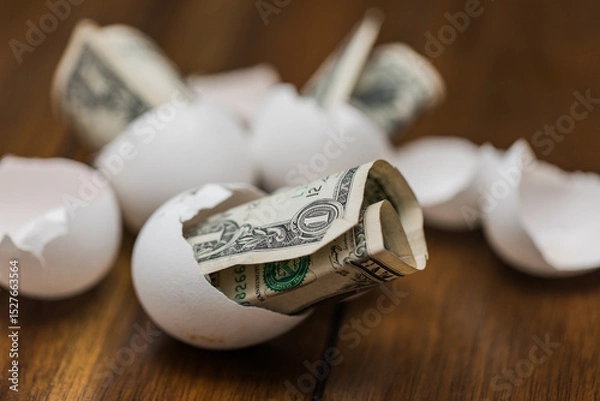 Fototapeta broken eggshells with one dollar bills to show increased prices on food and eggs