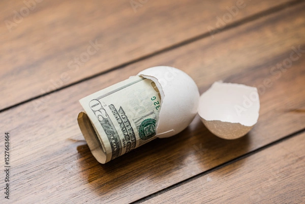 Fototapeta a rolled up twenty dollar bill in a broken eggshell to represent an increase of prices on food 