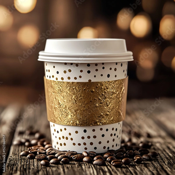 Obraz Paper craft coffee cup mockup with textured gold sleeve on wooden table, surrounded by roasted coffee beans. Warm bokeh lights create cozy atmosphere.