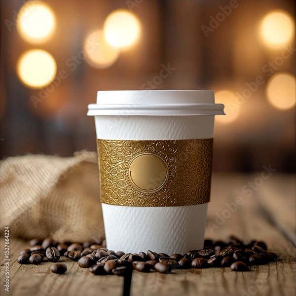 Obraz Paper craft coffee cup mockup with textured gold sleeve on wooden table, surrounded by roasted coffee beans. Warm bokeh lights create cozy atmosphere.
