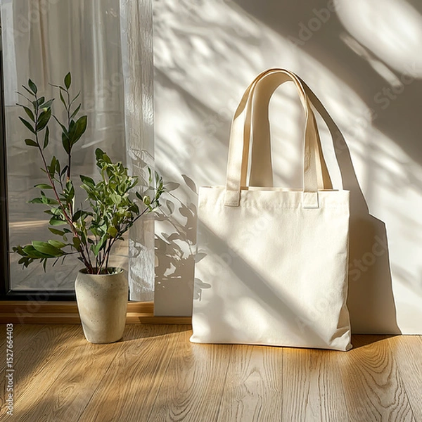Obraz Stylish minimalist mockup with blank white tote bag on a cozy wooden floor with trendy potted plant bathed in soft natural light. Eco-friendly designs, branding, or artwork	