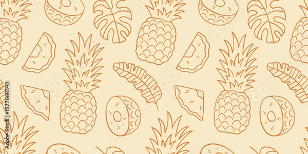 Obraz Seamless doodle line pattern with pineapples, slices, and tropical leaves. Summer design