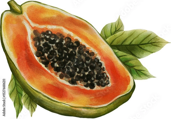 Obraz Watercolor illustration of a ripe papaya fruit, isolated on a white background. Vibrant tropical artwork perfect for kitchen decor, packaging, recipe books, or summer-themed design projects.