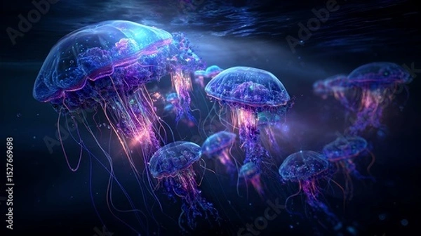 Obraz a vibrant underwater scene where jellyfish are the central focus. they float in an open ocean environment, their bodies glowing with a mix of purple and blue hues, creating a mesmerizing spectacle