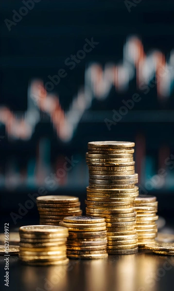 Obraz Golden coins gleaming against stock market chart backdrop financial investment success opportunity future