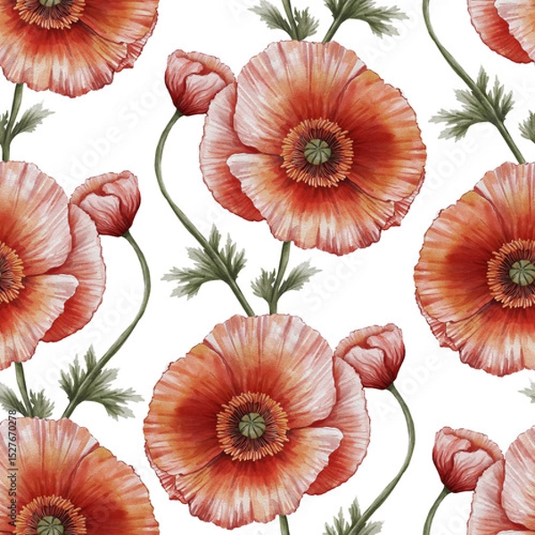 Obraz Seamless watercolor pattern with hand-painted red poppies, isolated on a white background. Perfect for fabric, wallpaper, packaging, stationery, and elegant floral-themed design projects.
