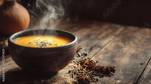 Obraz A bowl of hot pumpkin soup on a wooden table with spices and an onion in the background
