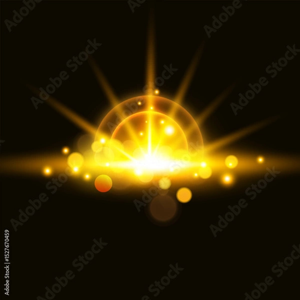 Obraz Abstract Glowing Golden Light Burst with Bokeh Effects and Lens Flares. Vector illustration.