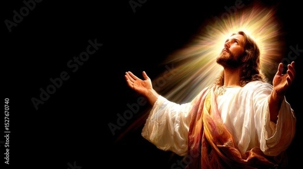 Obraz Jesus Christ with glowing halo praying and looking to heaven on dark background, religious spiritual concept
