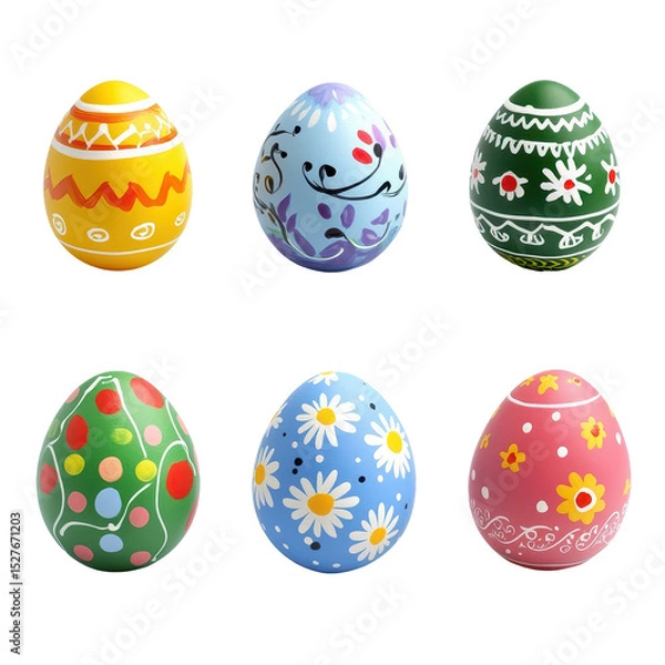 Fototapeta Colorful decorated eggs display for spring festivities and celebrations in a joyful atmosphere