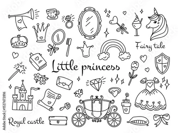 Obraz Little princess fairytale doodles set with cute fantasy decorative elements and royal castle