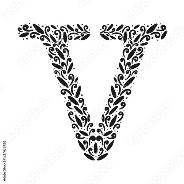 Fototapeta Floral botanical alphabet. Vintage hand drawn monogram letter V. Letter with plants and flowers. Vector lettering isolated on white